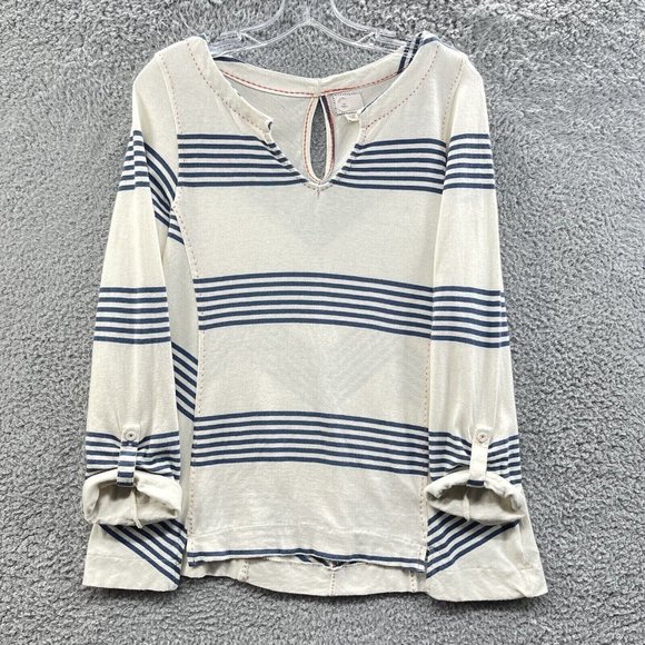 Postage Stamp Top Women's X Small Cream Striped Notch Collar Keyhole Back Top - Picture 1 of 8